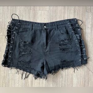 SHEIN Black Distressed Lace-Up Denim Shorts
